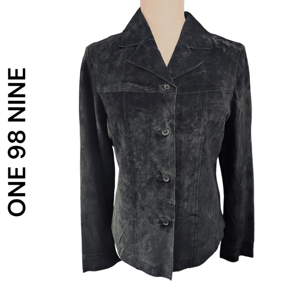 ONE 98 NINE Women’s Black Suede Leather Button Front Long Sleeve Top Small